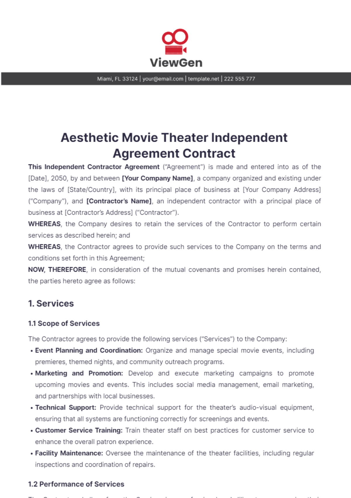 Aesthetic Movie Theater Independent Agreement Contract Template - Edit Online & Download