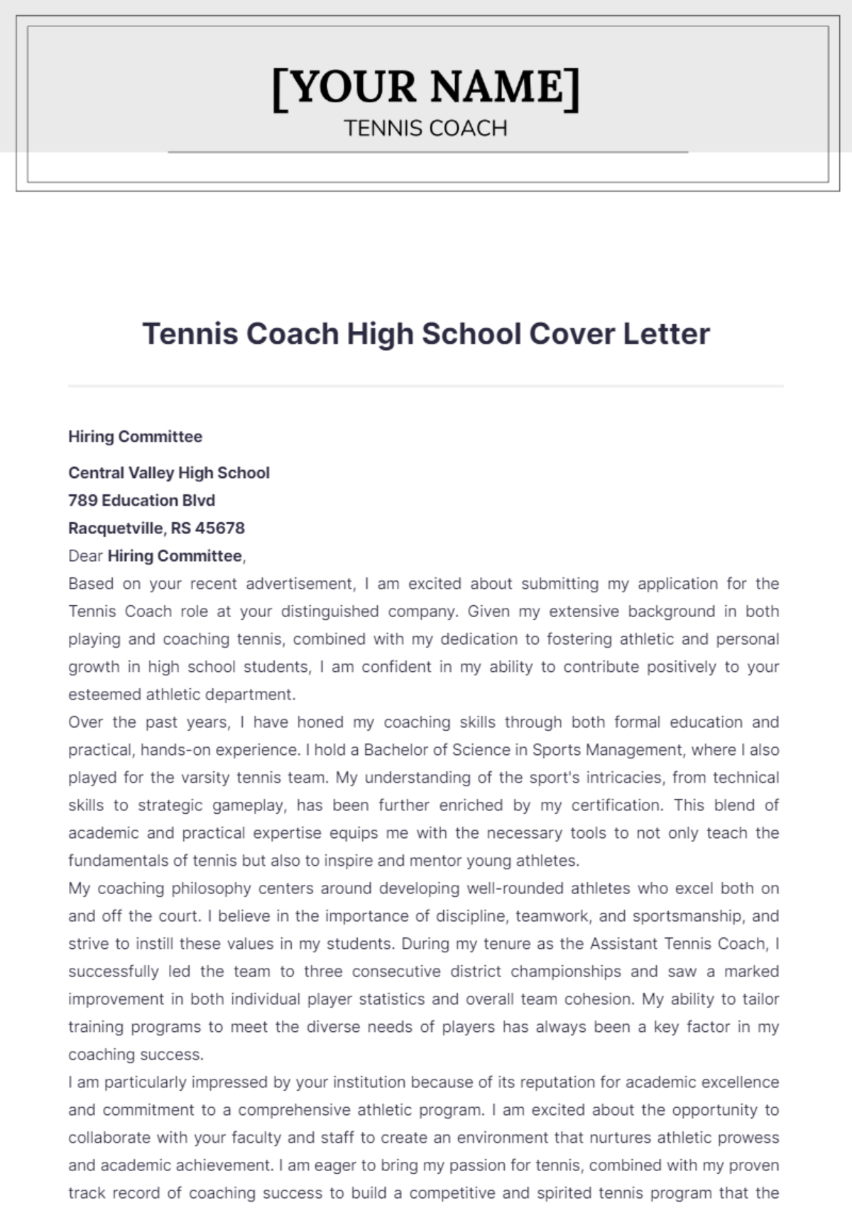 Tennis Coach High School Cover Letter