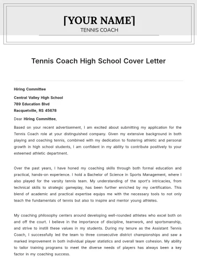 Free Tennis Coach High School Cover Letter to Edit Online