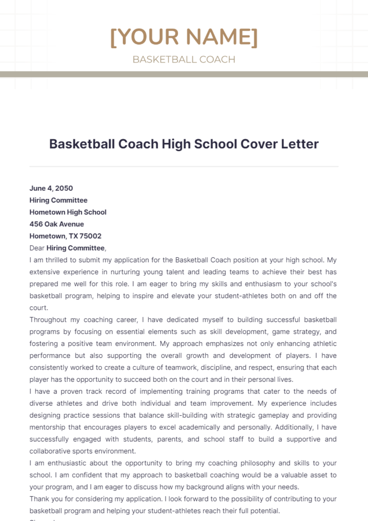 Basketball Coach High School Cover Letter - Edit Online & Download