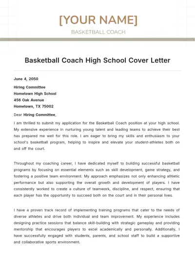 Free Basketball Coach High School Cover Letter to Edit Online
