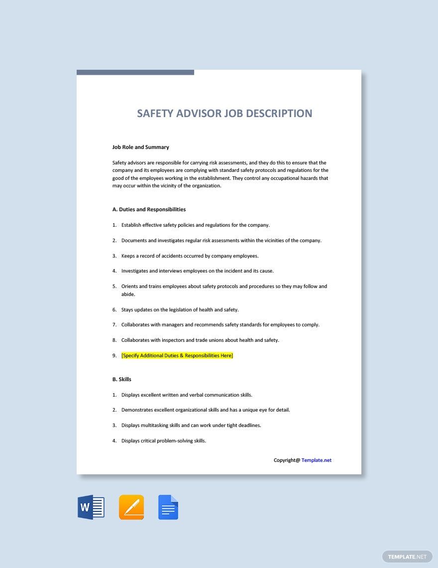 Free Safety Advisor Job Description Template