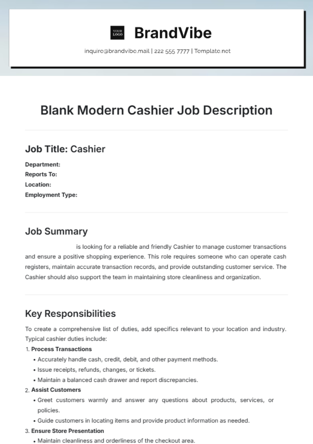 Blank Modern Cashier Job Description Template - Edit Online & Download