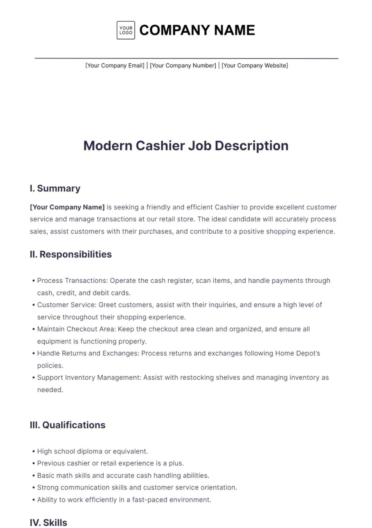 Modern Cashier Job Description Template