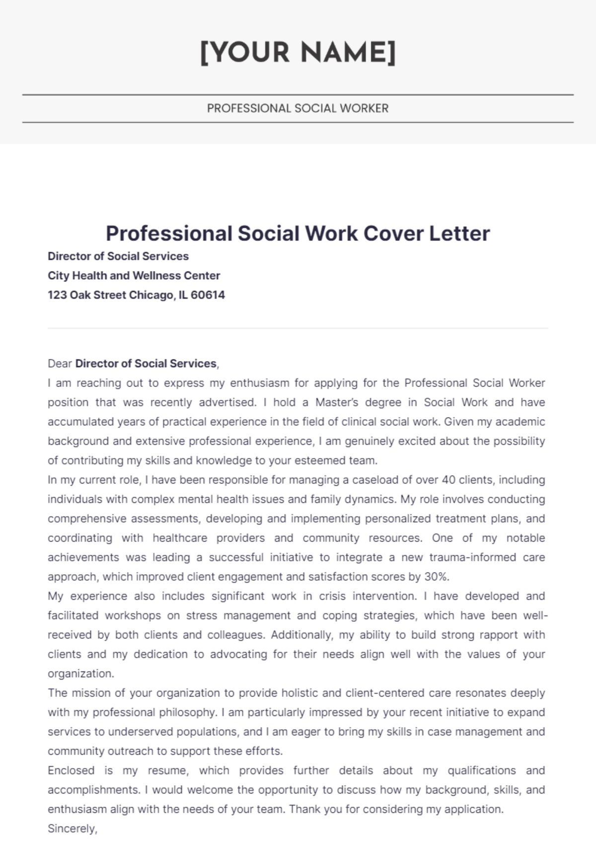 Professional Social Work Cover Letter - Edit Online & Download