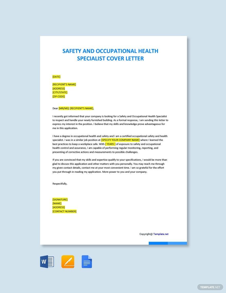 Safety And Occupational Health Specialist Cover Letter