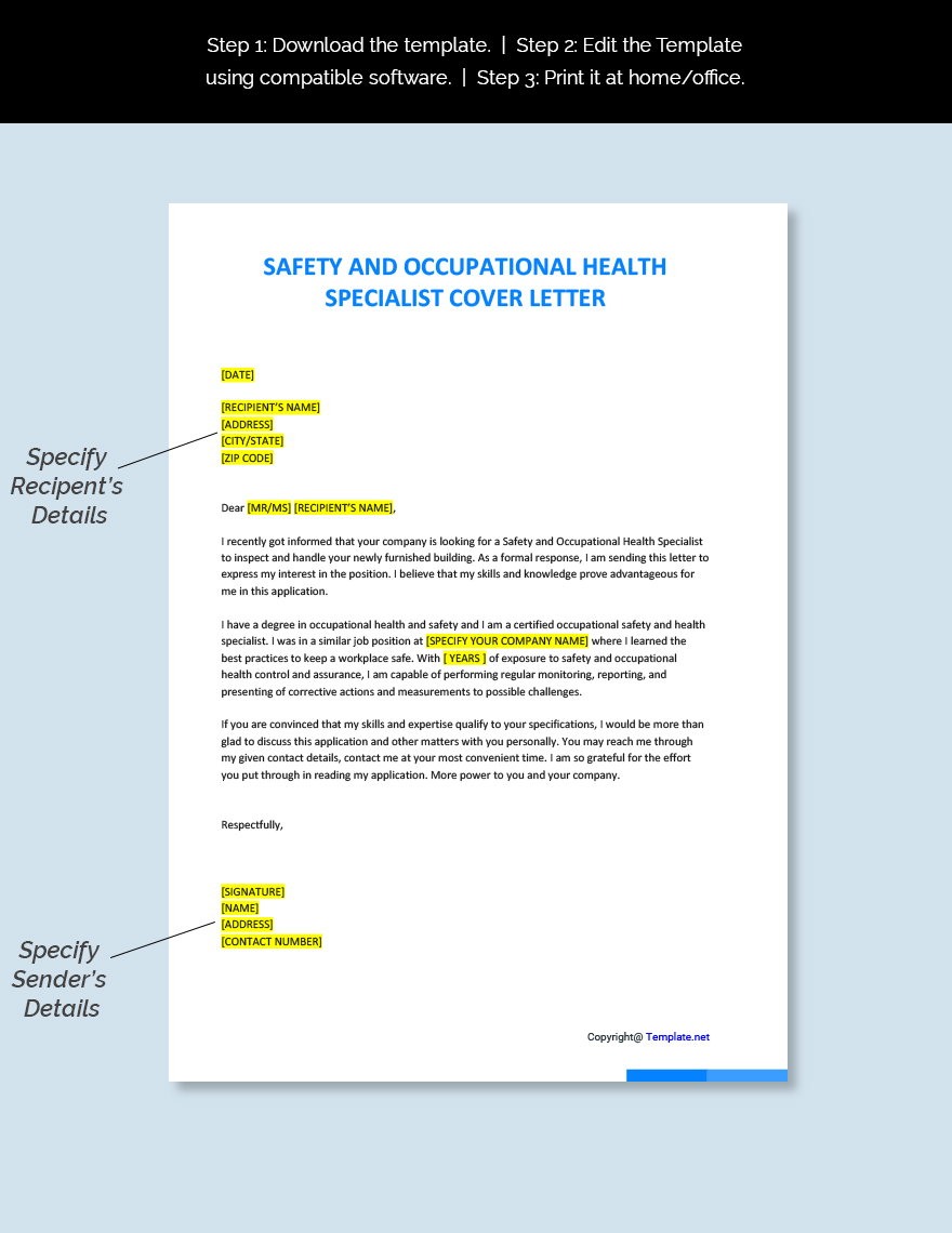 Safety And Occupational Health Specialist Cover Letter Template