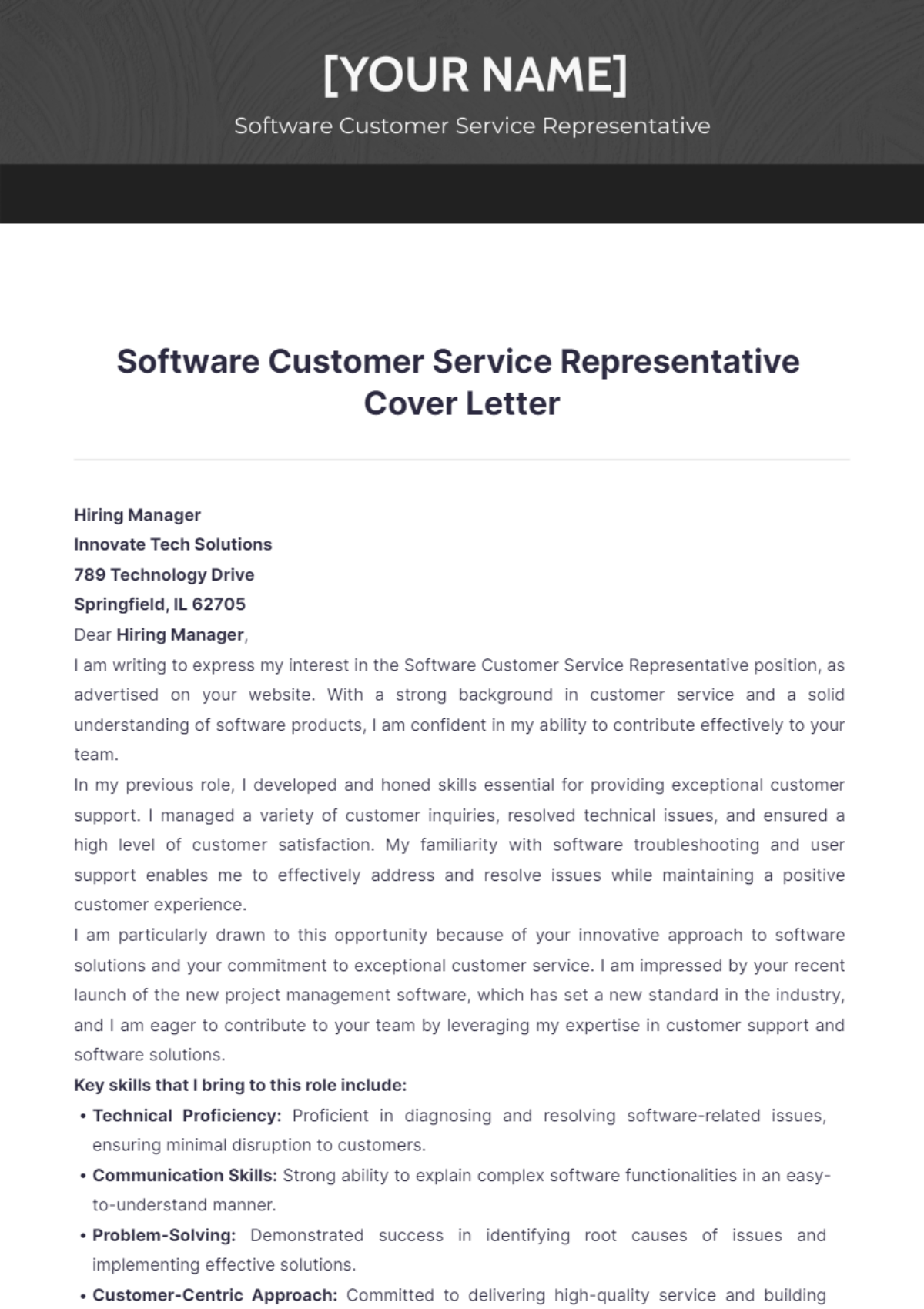 Software Customer Service Representative Cover Letter