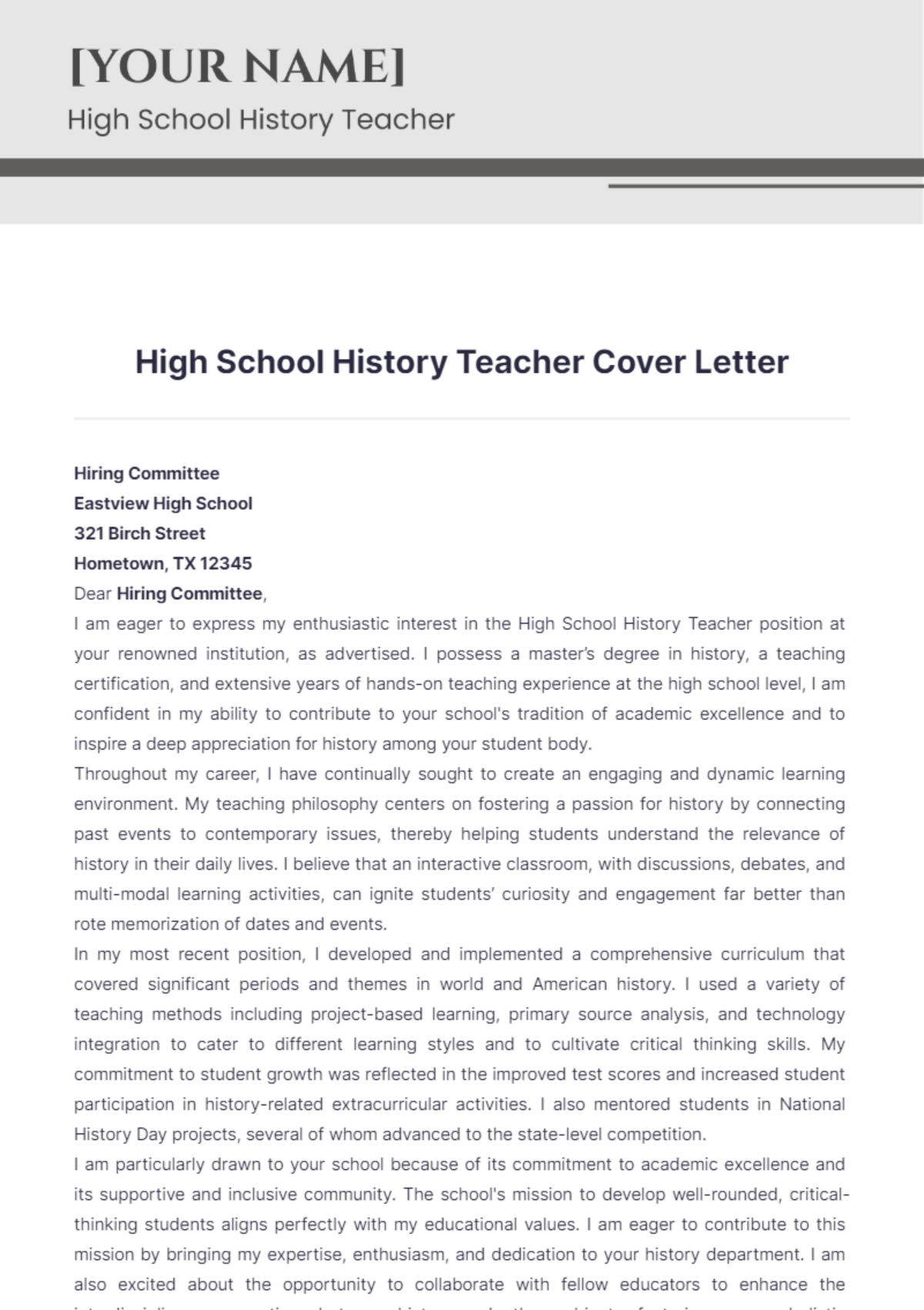 High School History Teacher Cover Letter