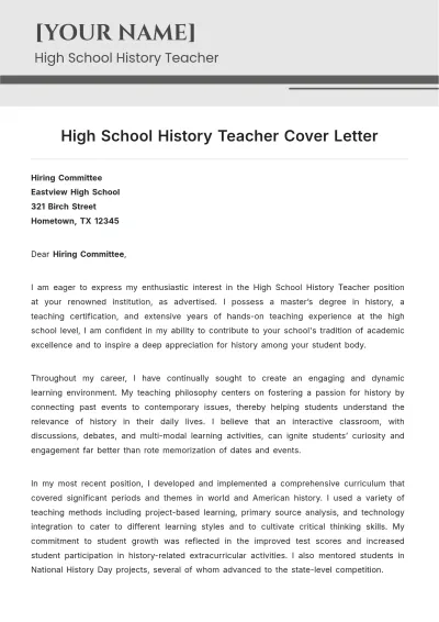 Free High School History Teacher Cover Letter to Edit Online