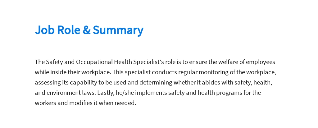 Free Safety And Occupational Health Specialist Job AD Description Template Google Docs Word 