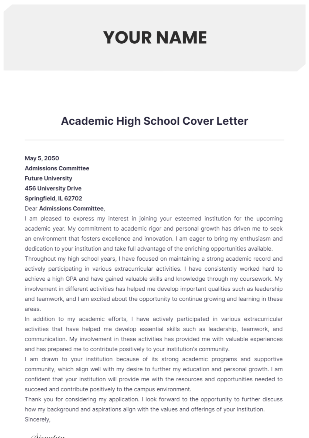 Academic High School Cover Letter