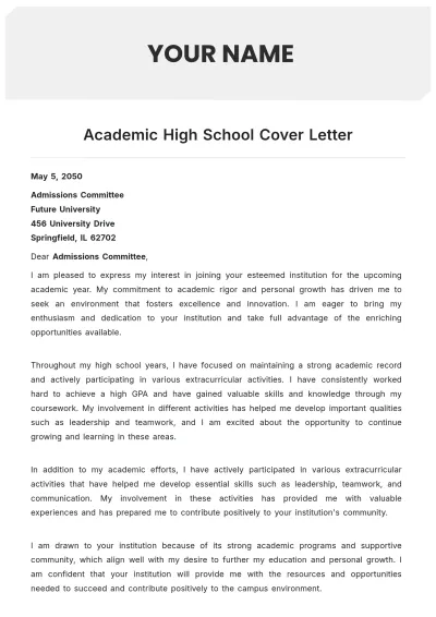 Free Academic High School Cover Letter to Edit Online