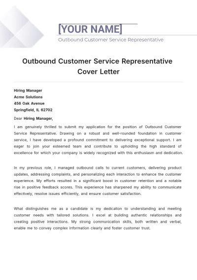 Free Outbound Customer Service Representative Cover Letter to Edit Online