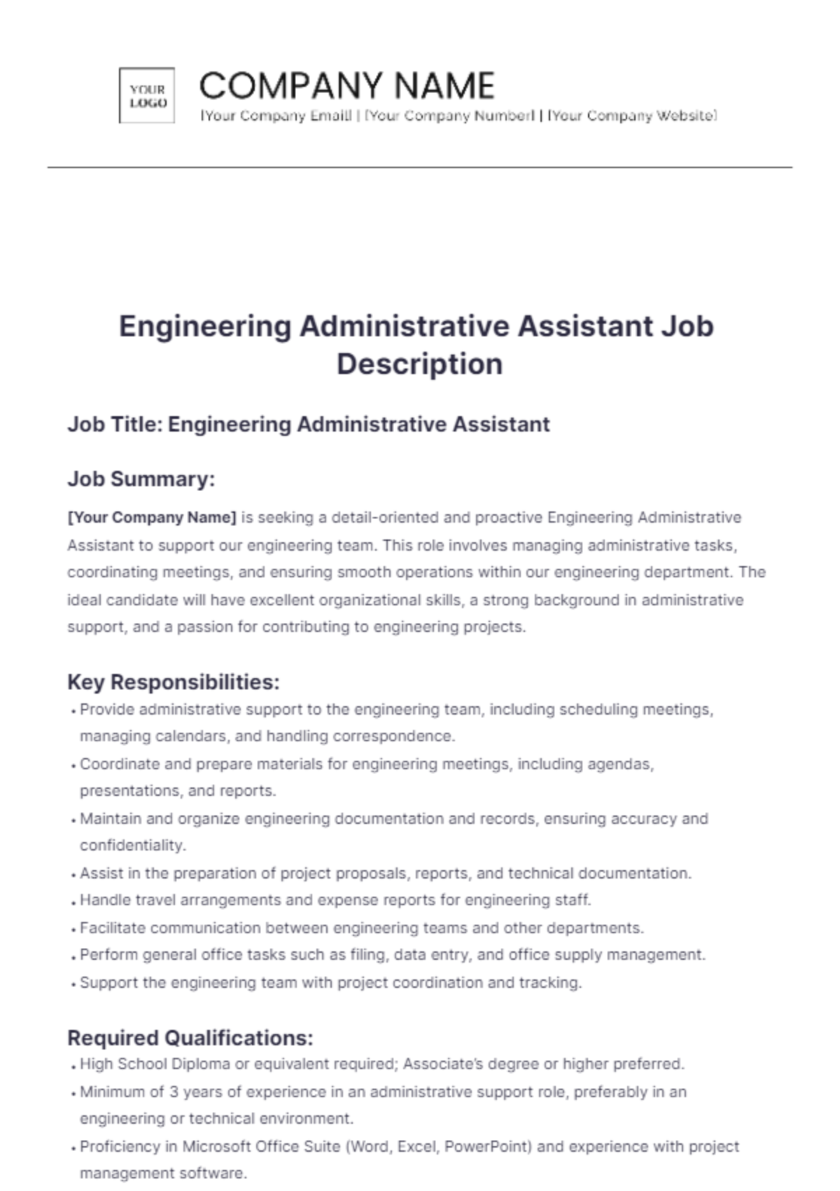 Engineering Administrative Assistant Job Description Template - Edit Online & Download