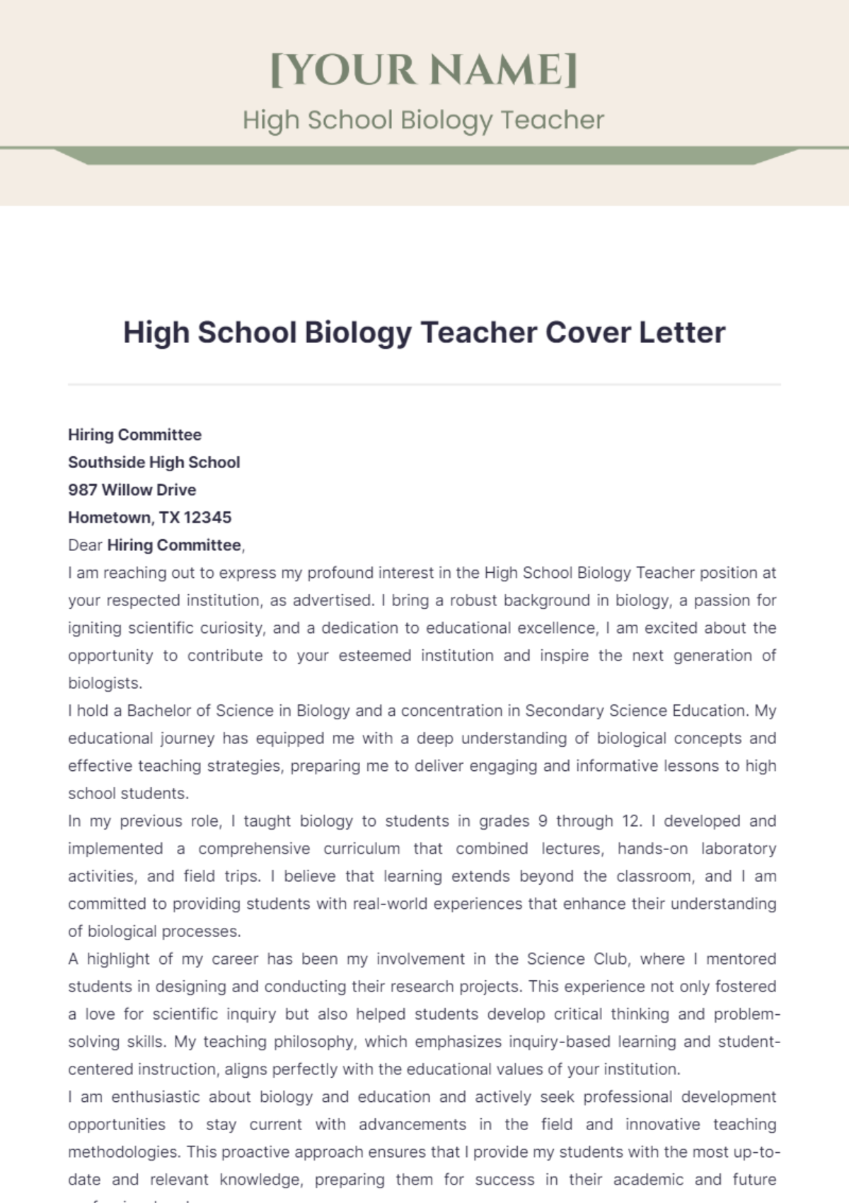 High School Biology Teacher Cover Letter