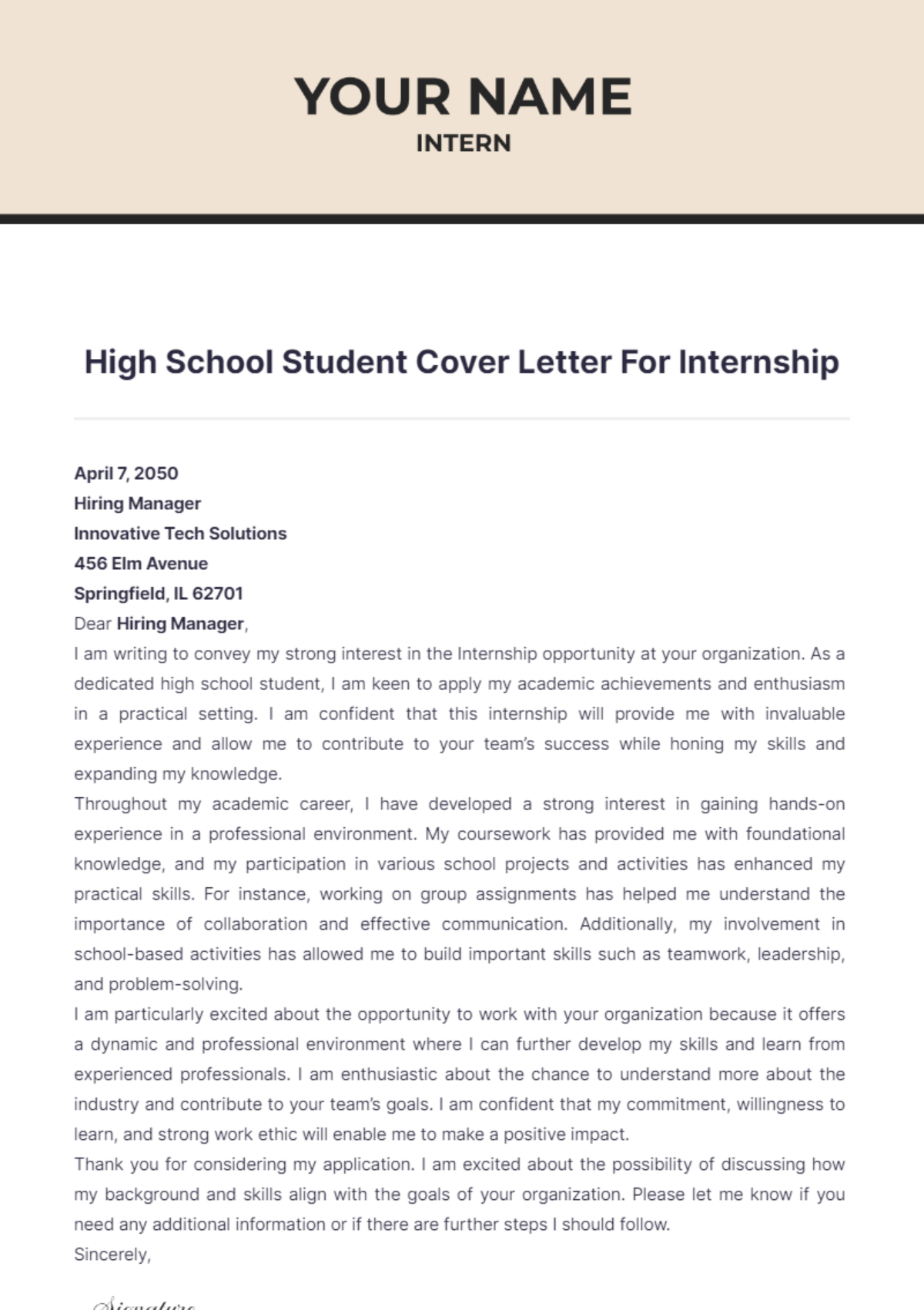 High School Student Cover Letter For Internship