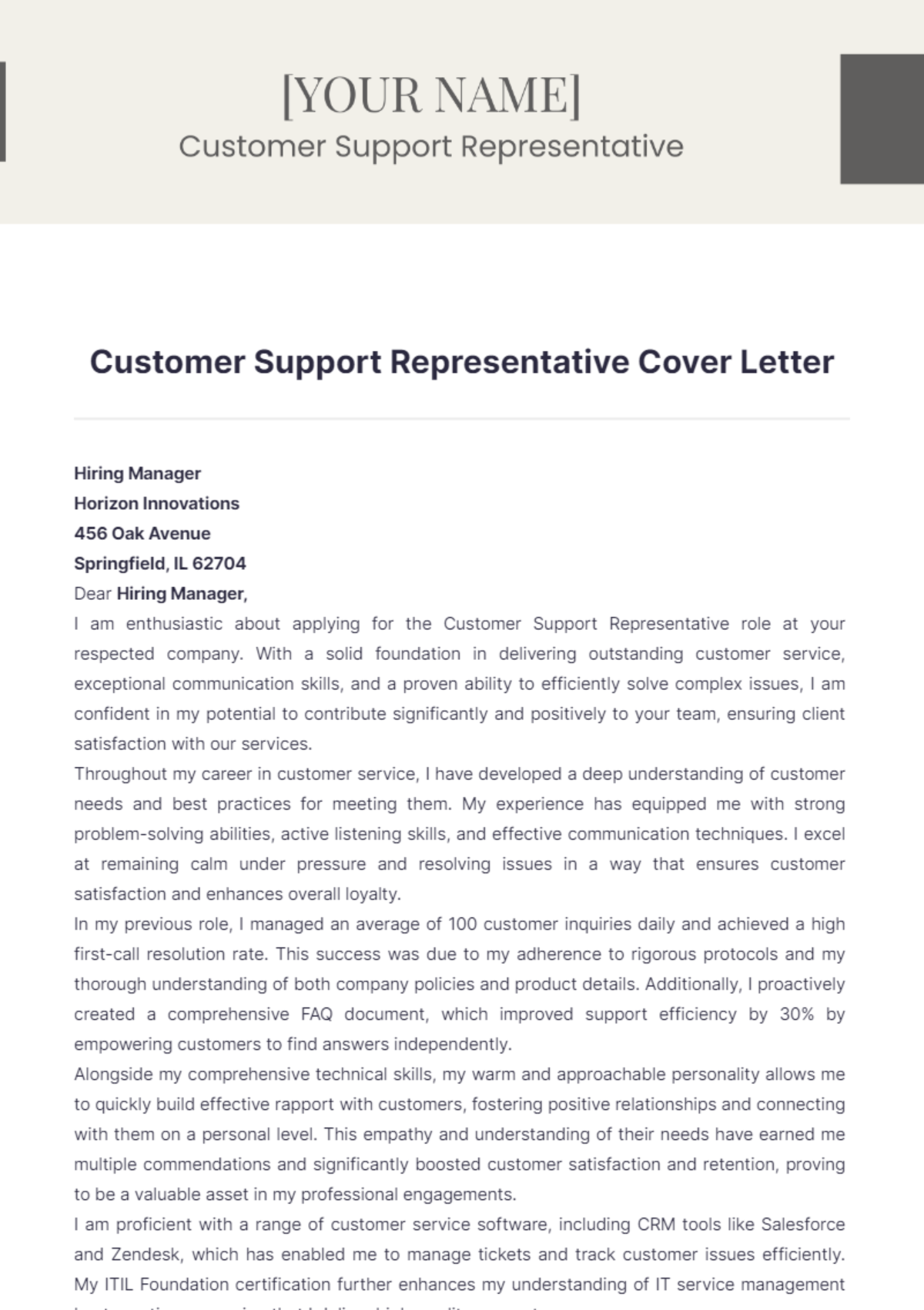 Customer Support Representative Cover Letter - Edit Online & Download