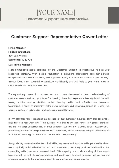 Free Customer Support Representative Cover Letter to Edit Online