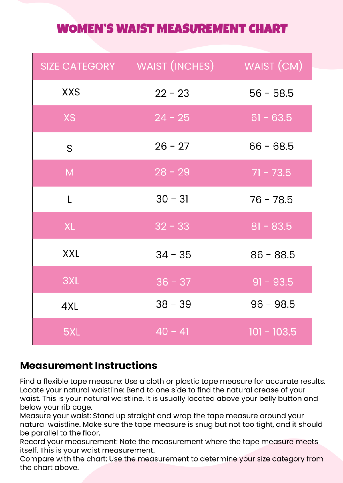 Women's Waist Measurement Chart