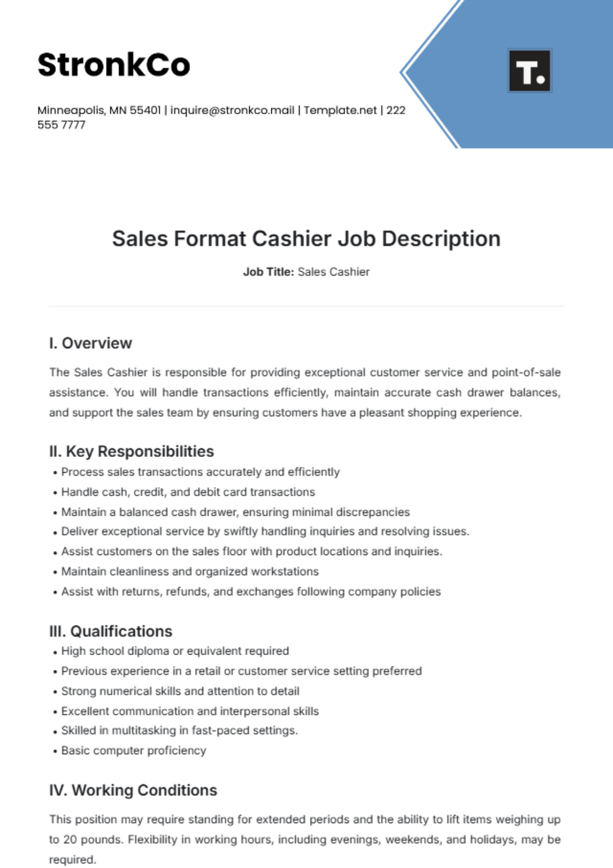 Sales Format Cashier Job Description Template - Edit Online & Download