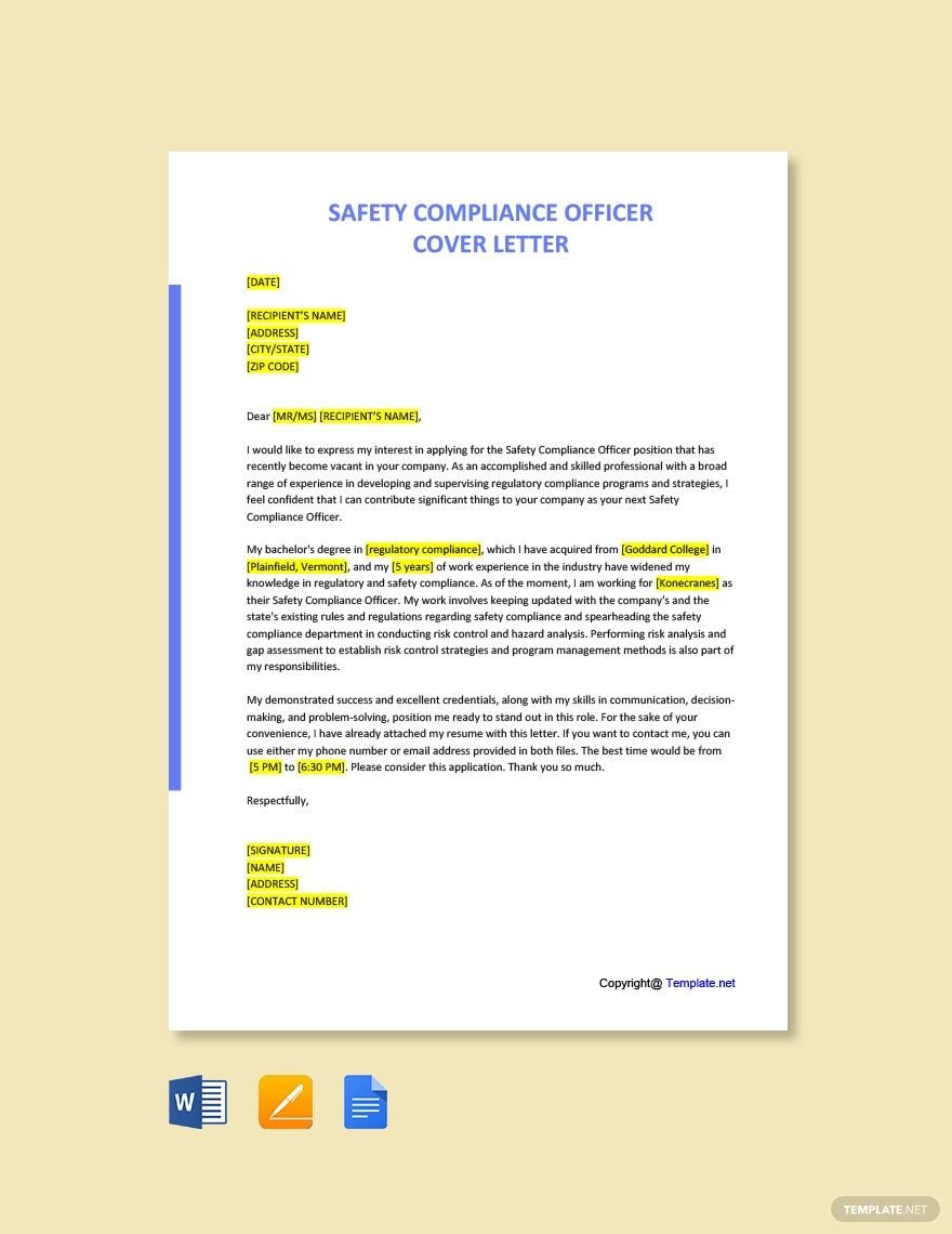 Safety Compliance Officer Cover Letter