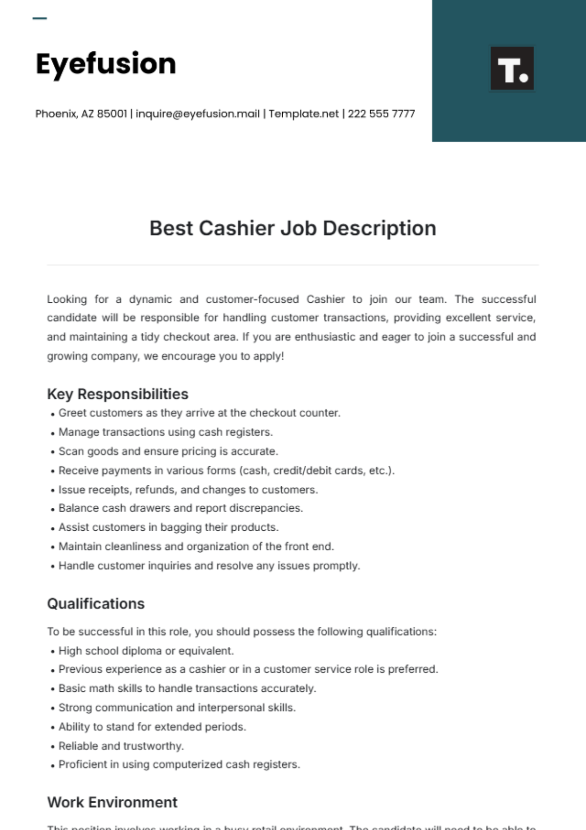 Best Cashier Job Description Template - Edit Online & Download