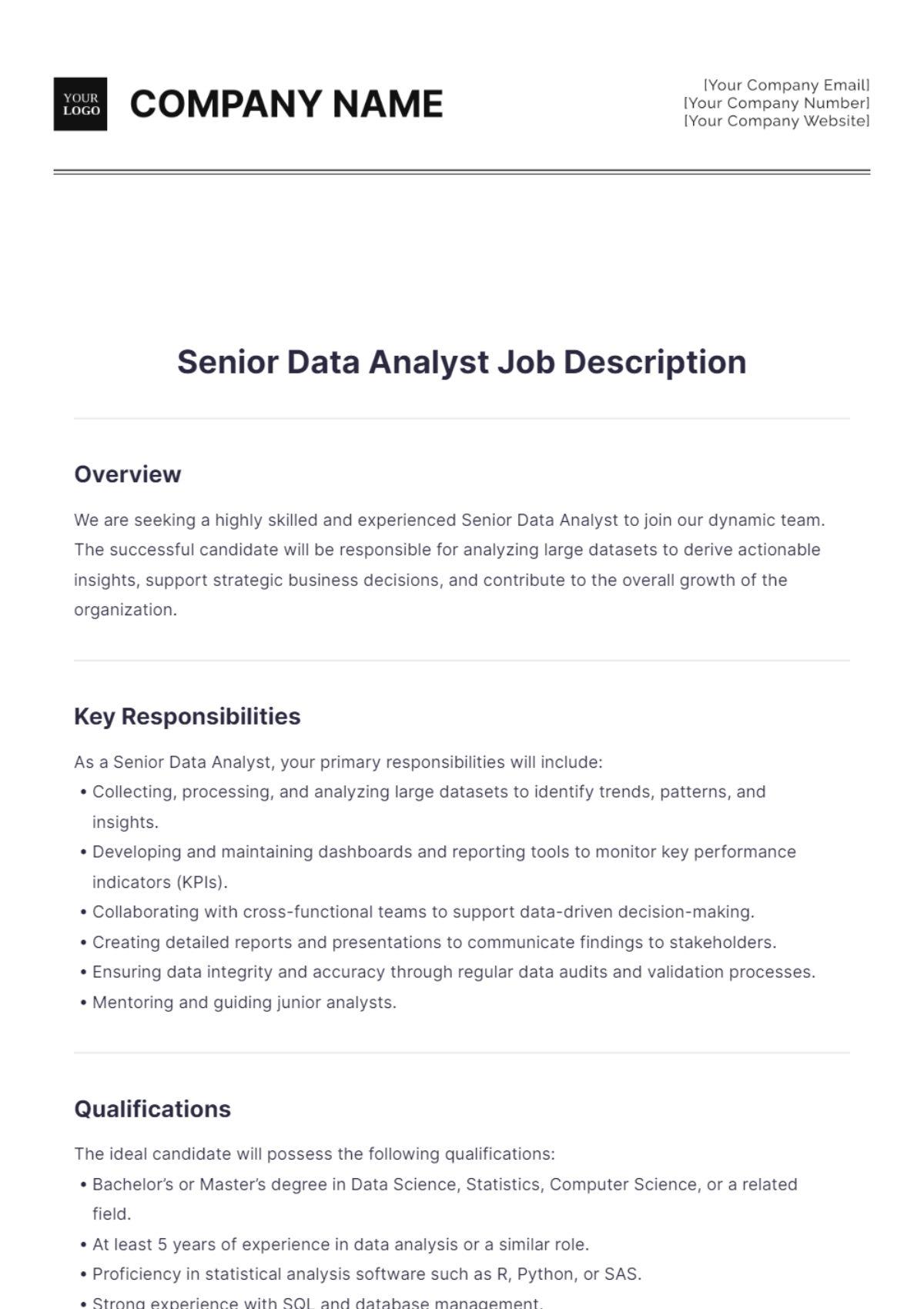 Senior Data Analyst Job Description Template - Edit Online & Download