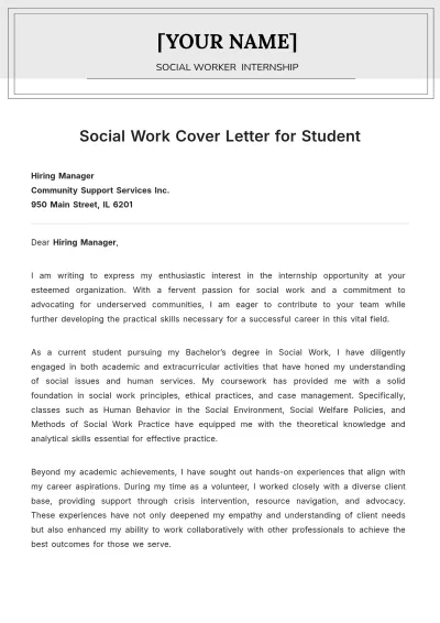 Free Social Work Cover Letter for Student to Edit Online