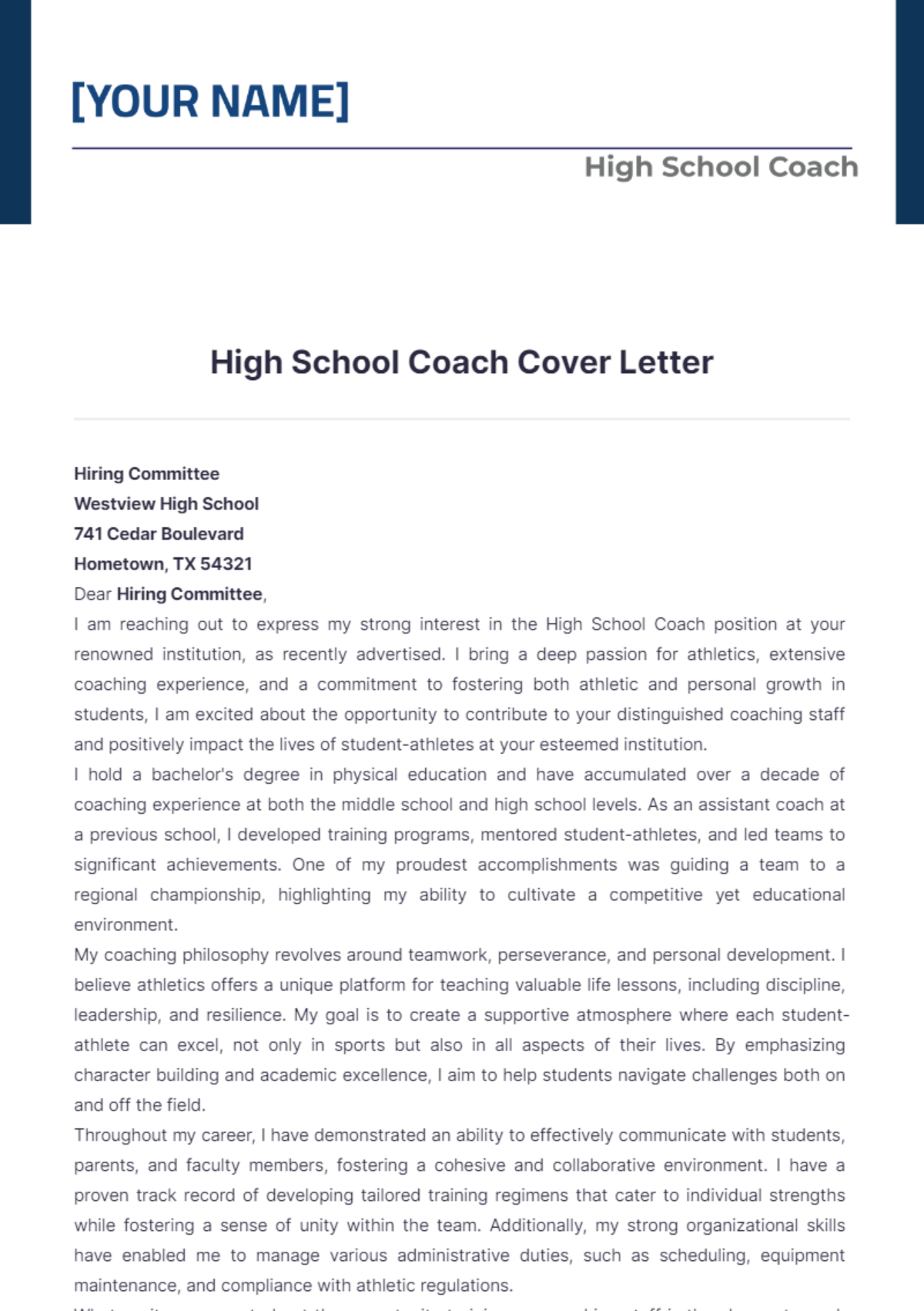 High School Coach Cover Letter