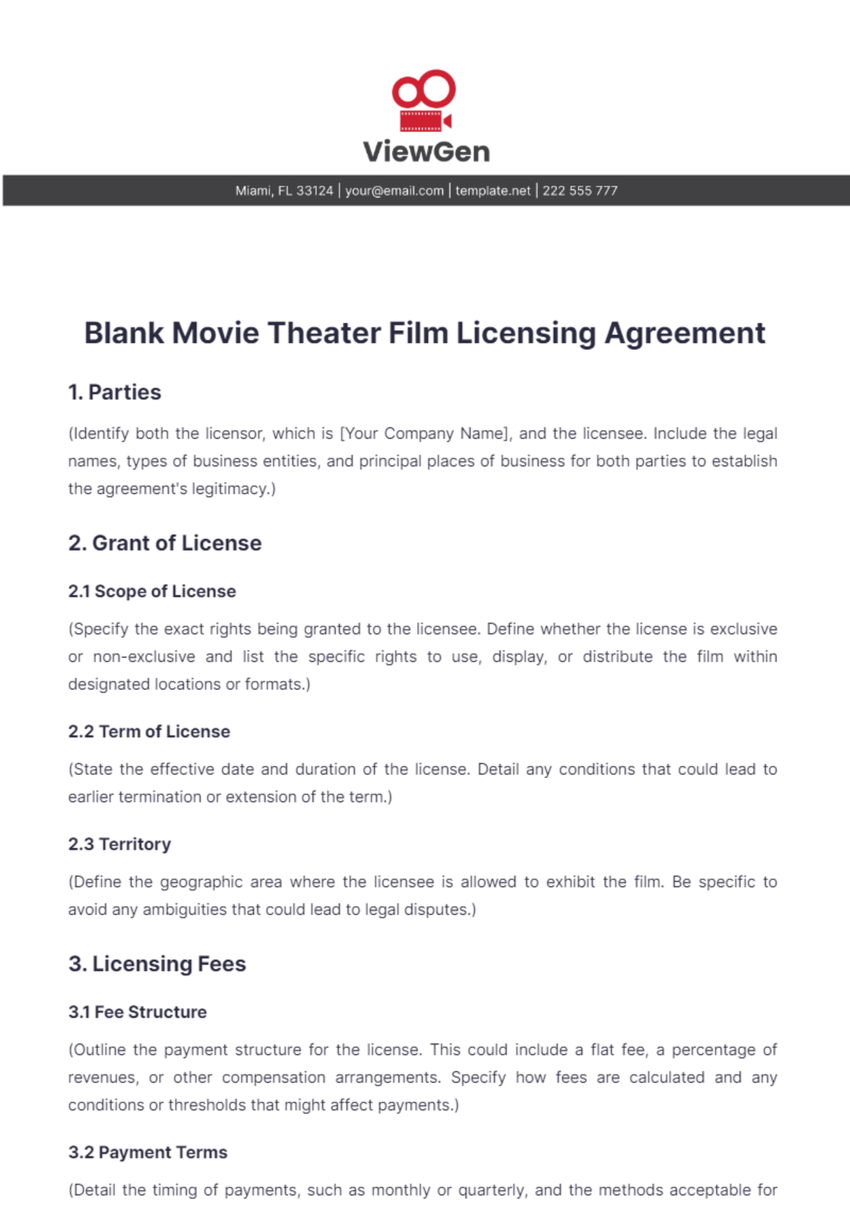 Blank Movie Theater Film Licensing Agreement Template - Edit Online & Download