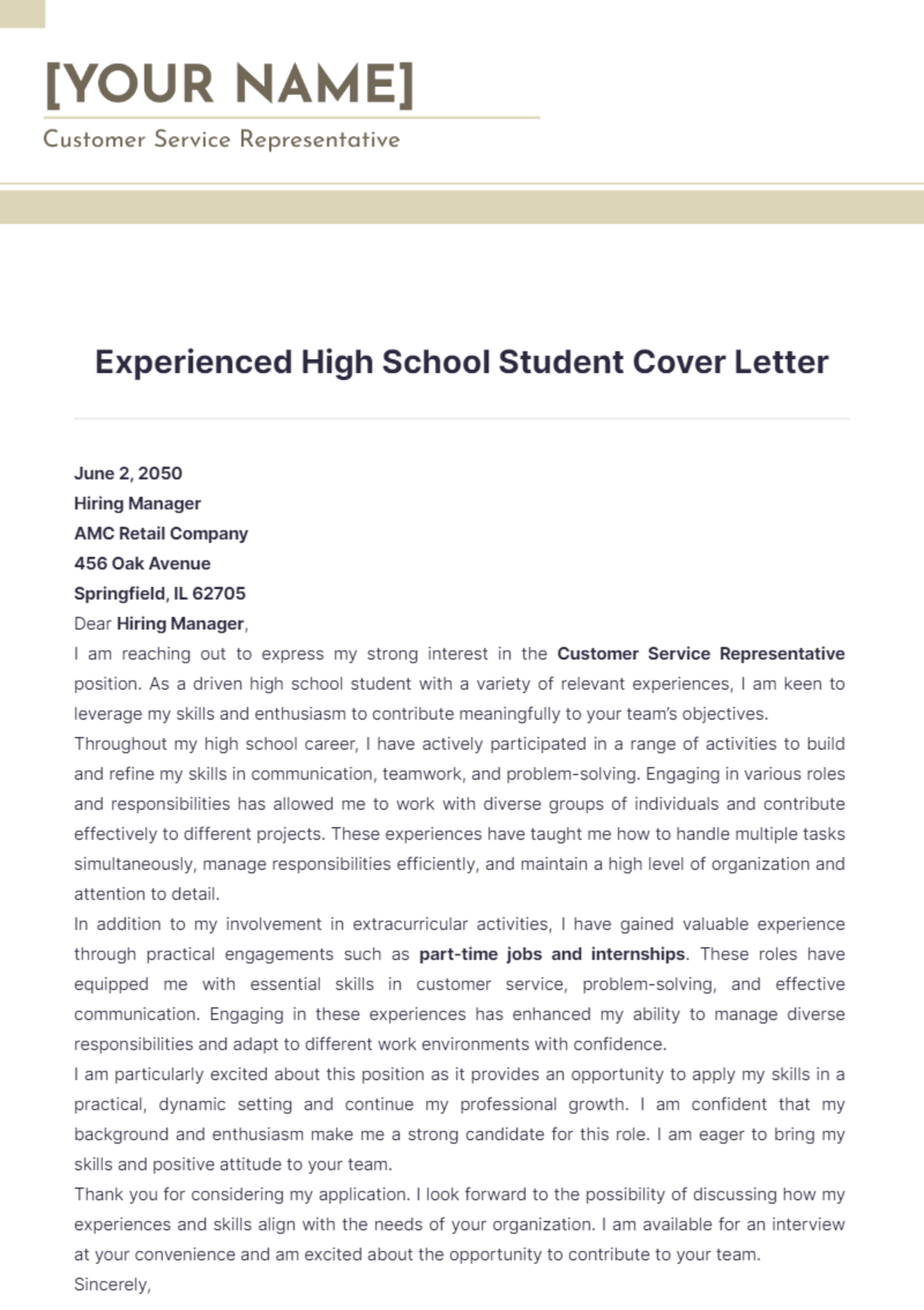 Experienced High School Student Cover Letter - Edit Online & Download