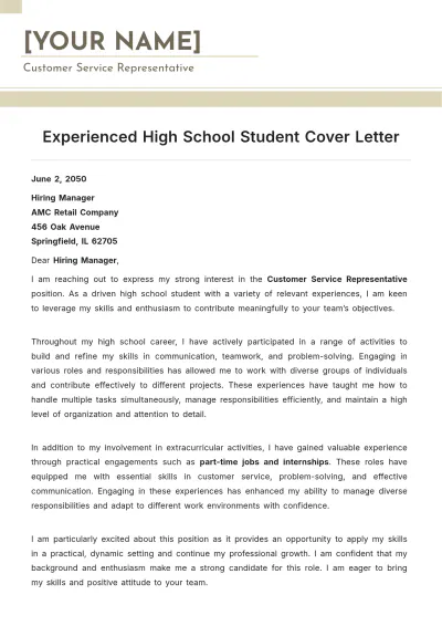Free Experienced High School Student Cover Letter to Edit Online