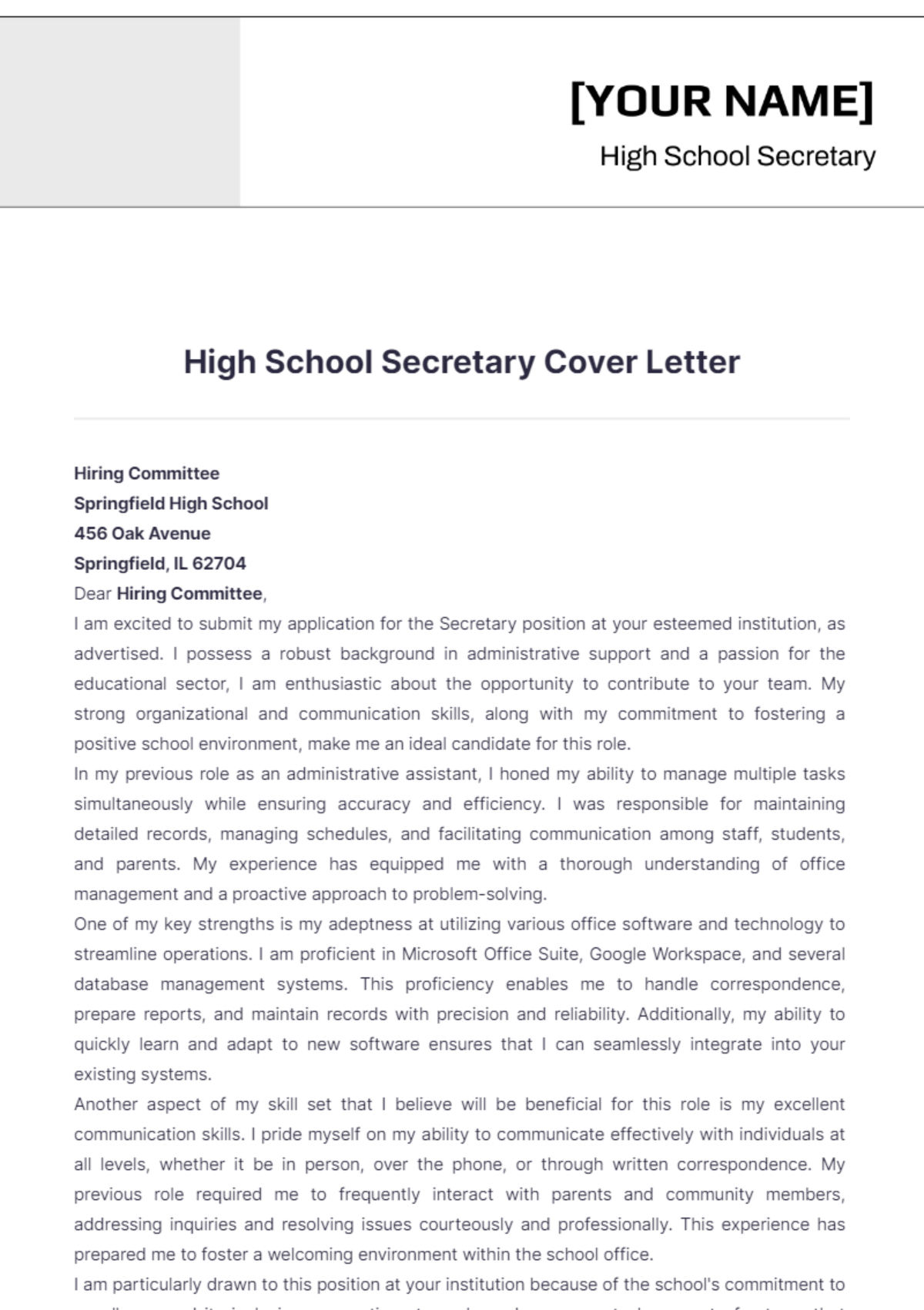 High School Secretary Cover Letter - Edit Online & Download