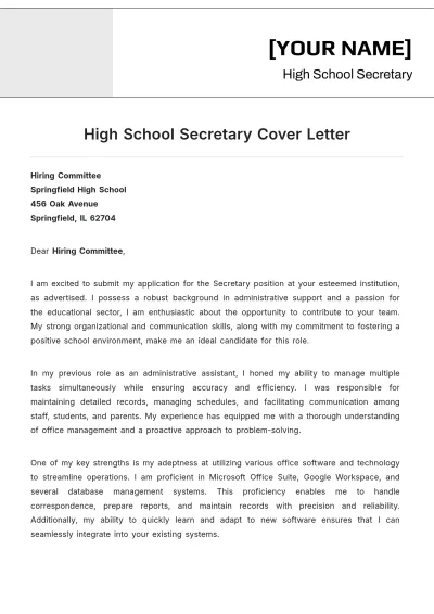 Free High School Secretary Cover Letter to Edit Online