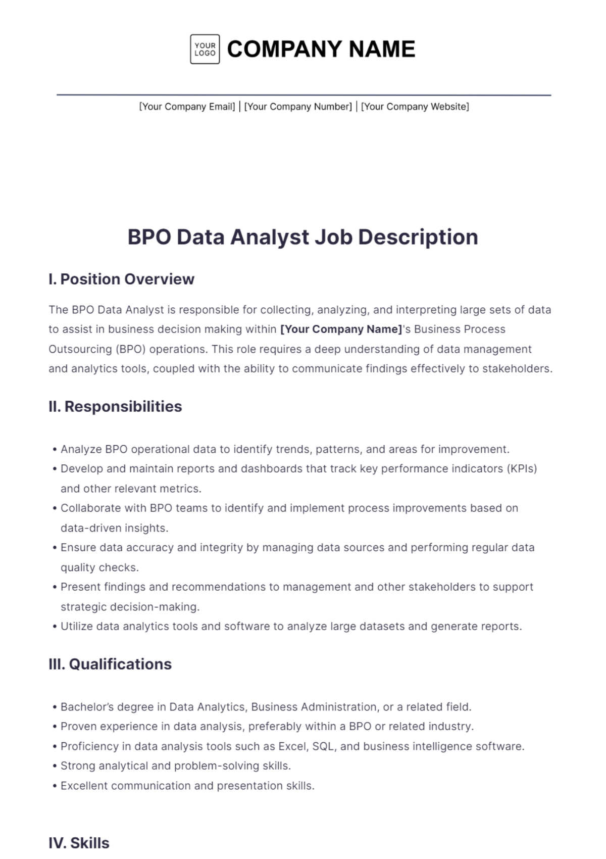 BPO Data Analyst Job Description Template - Edit Online & Download