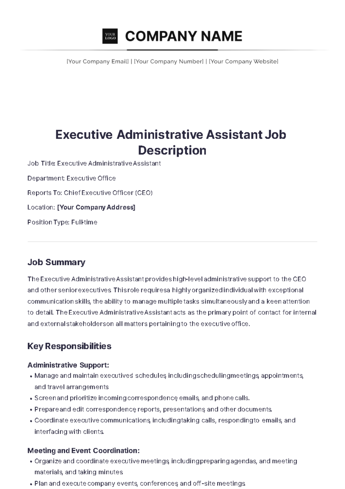 Executive Administrative Assistant Job Description Template - Edit Online & Download