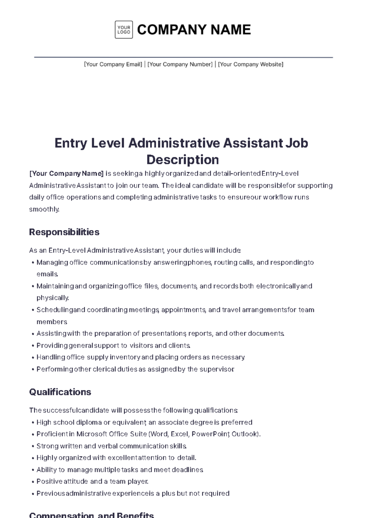 Entry-Level Administrative Assistant Job Description Template - Edit Online & Download