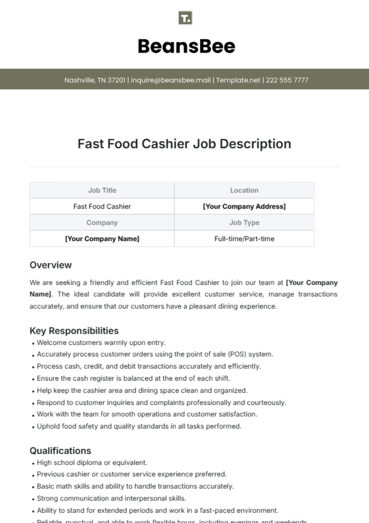 Fast Food Cashier Job Description Template - Edit Online & Download