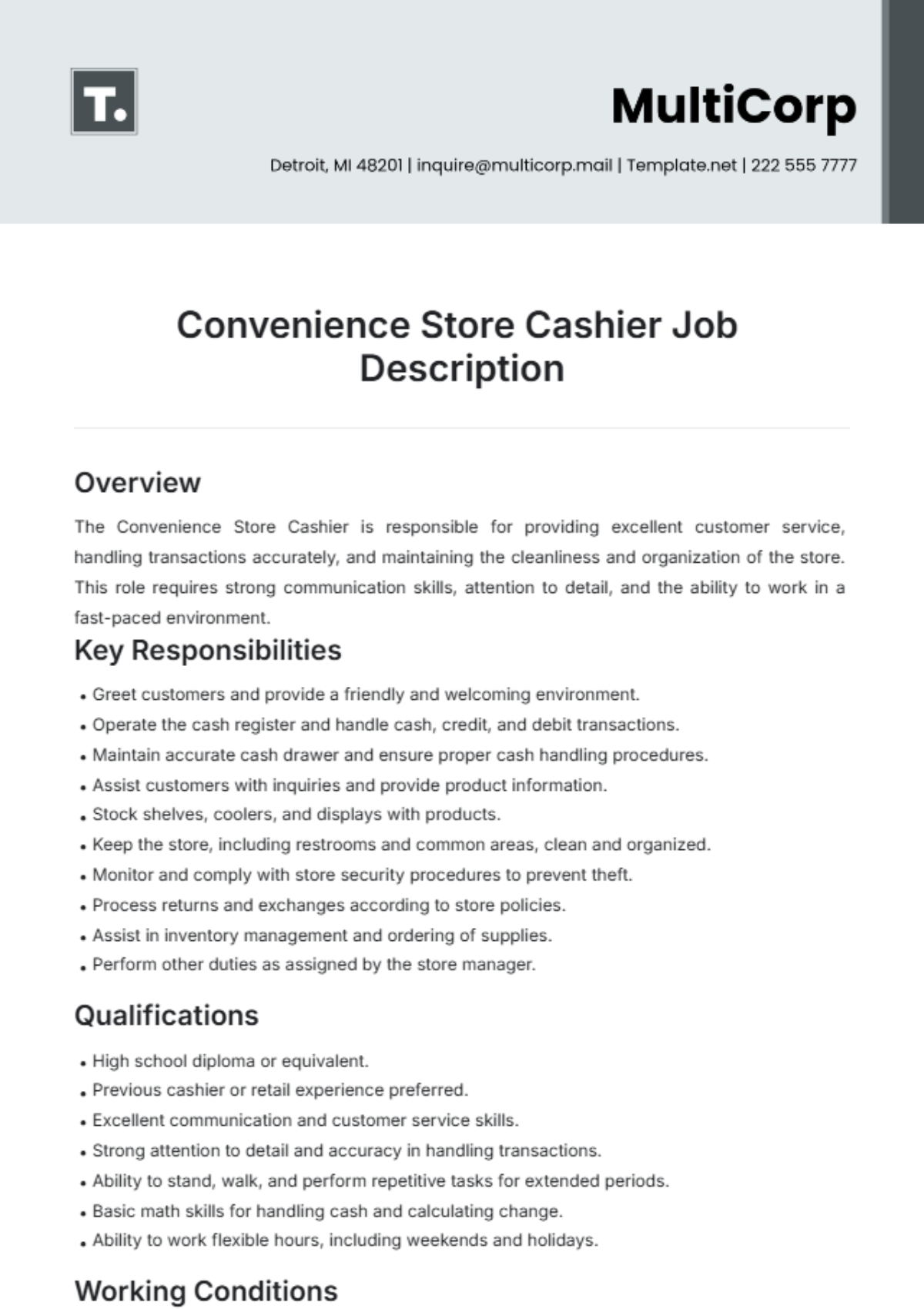 Convenience Store Cashier Job Description Template - Edit Online & Download