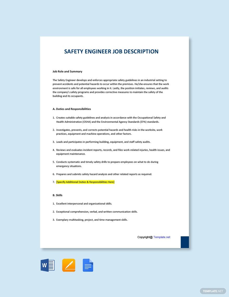 Safety Engineer Job AD/Description Template