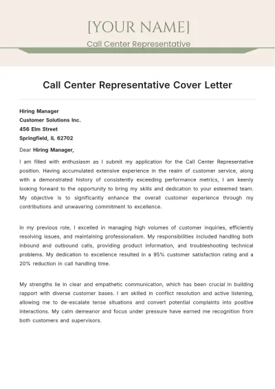 Free Call Center Representative Cover Letter to Edit Online