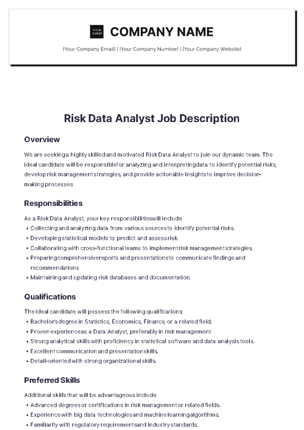 Risk Data Analyst Job Description Template - Edit Online & Download