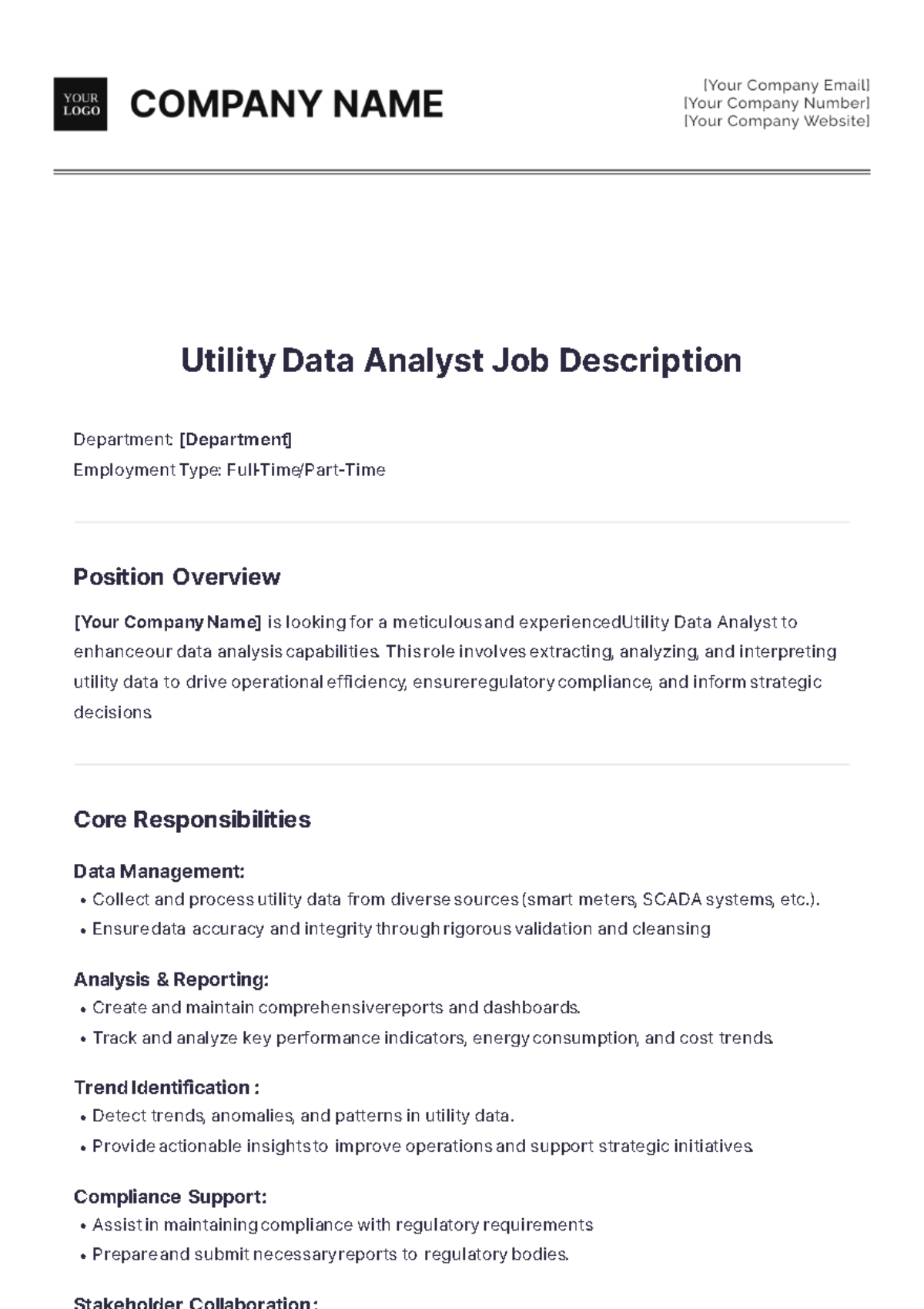 Utility Data Analyst Job Description Template - Edit Online & Download