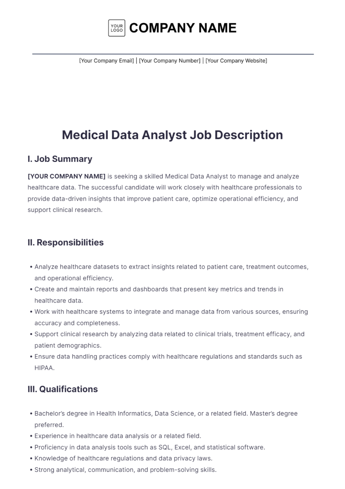 Medical Data Analyst Job Description Template - Edit Online & Download