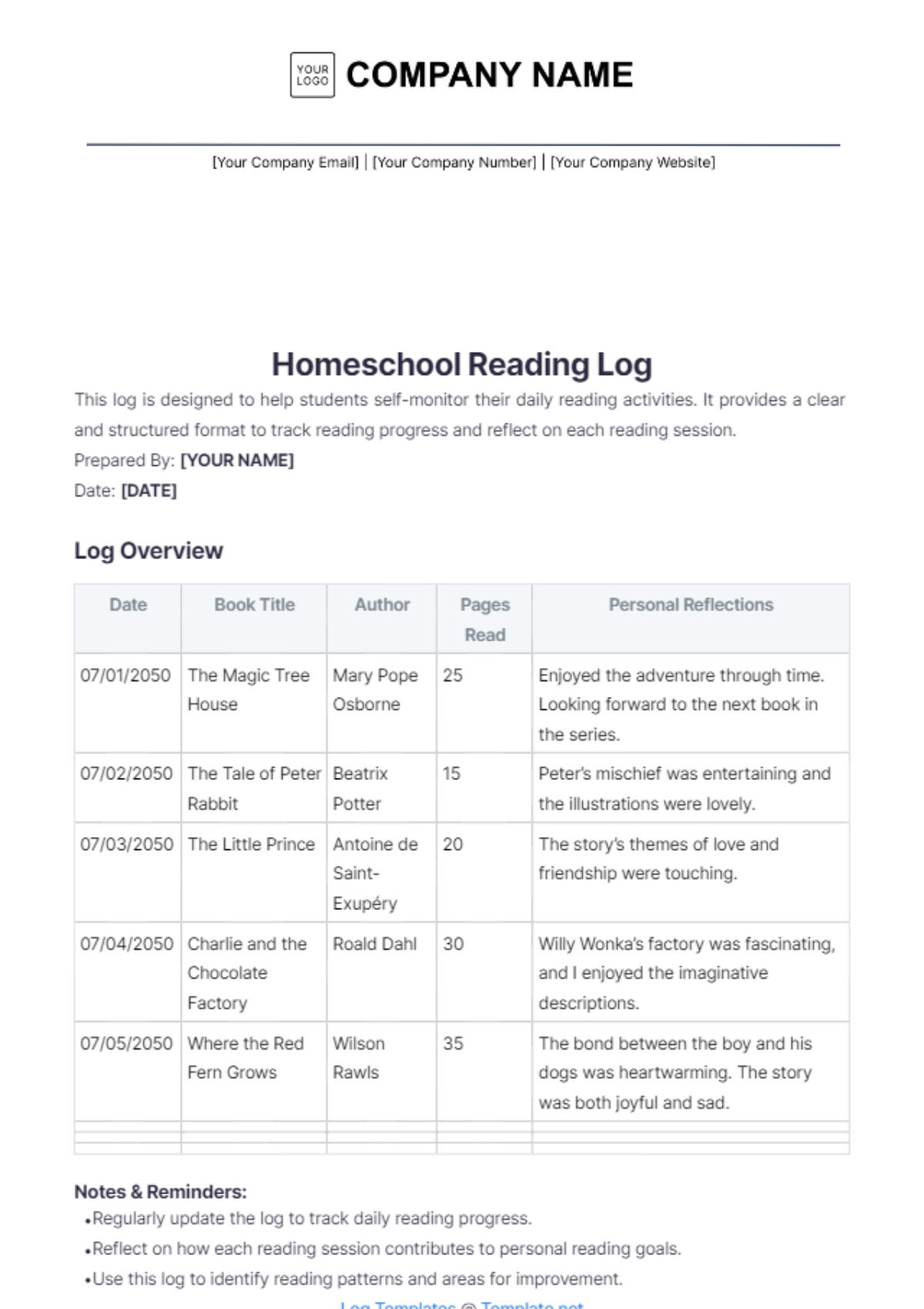 Free Homeschool Reading Log Template - Edit Online & Download ...