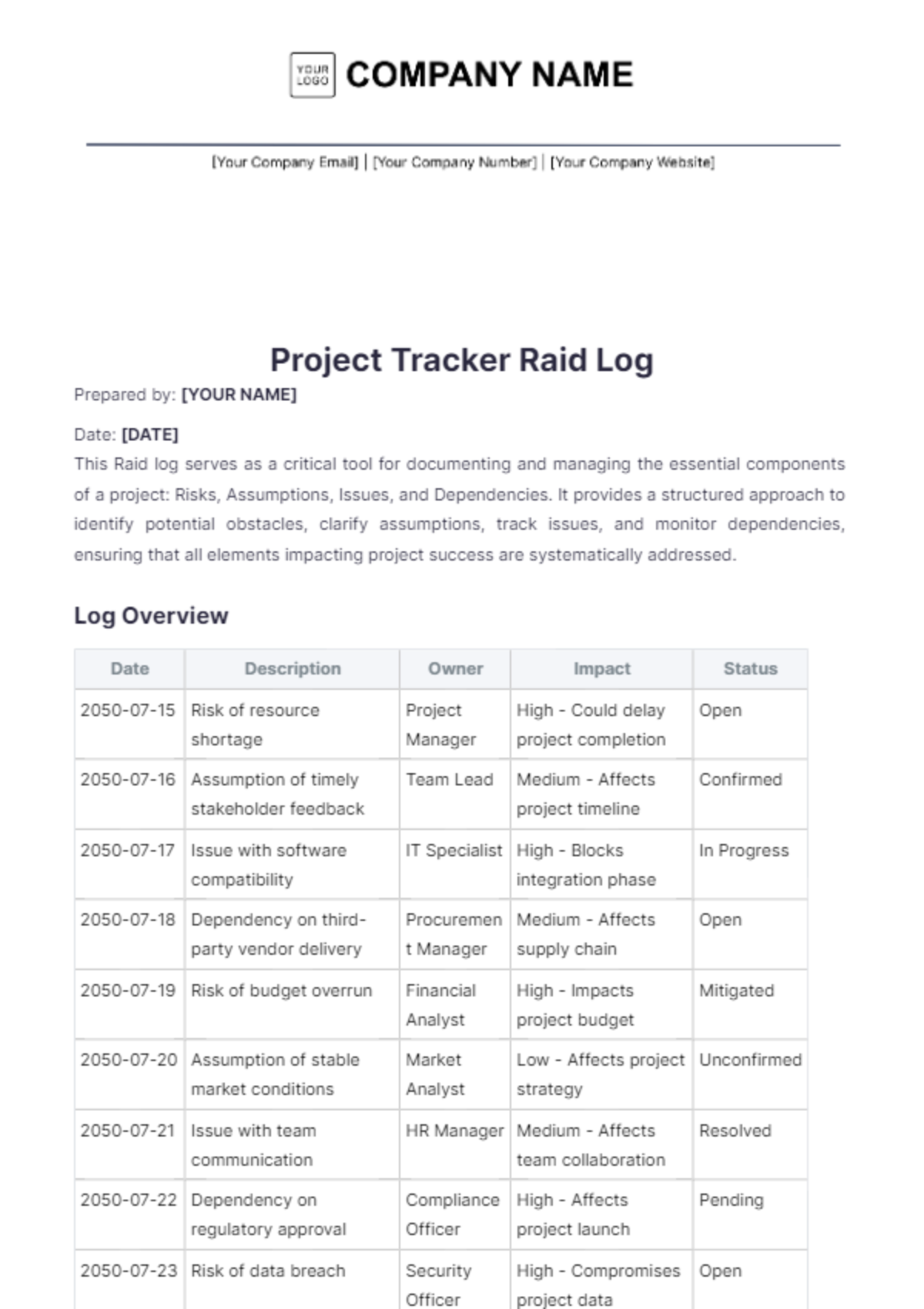 Project Tracker RAID Log Template - Edit Online & Download