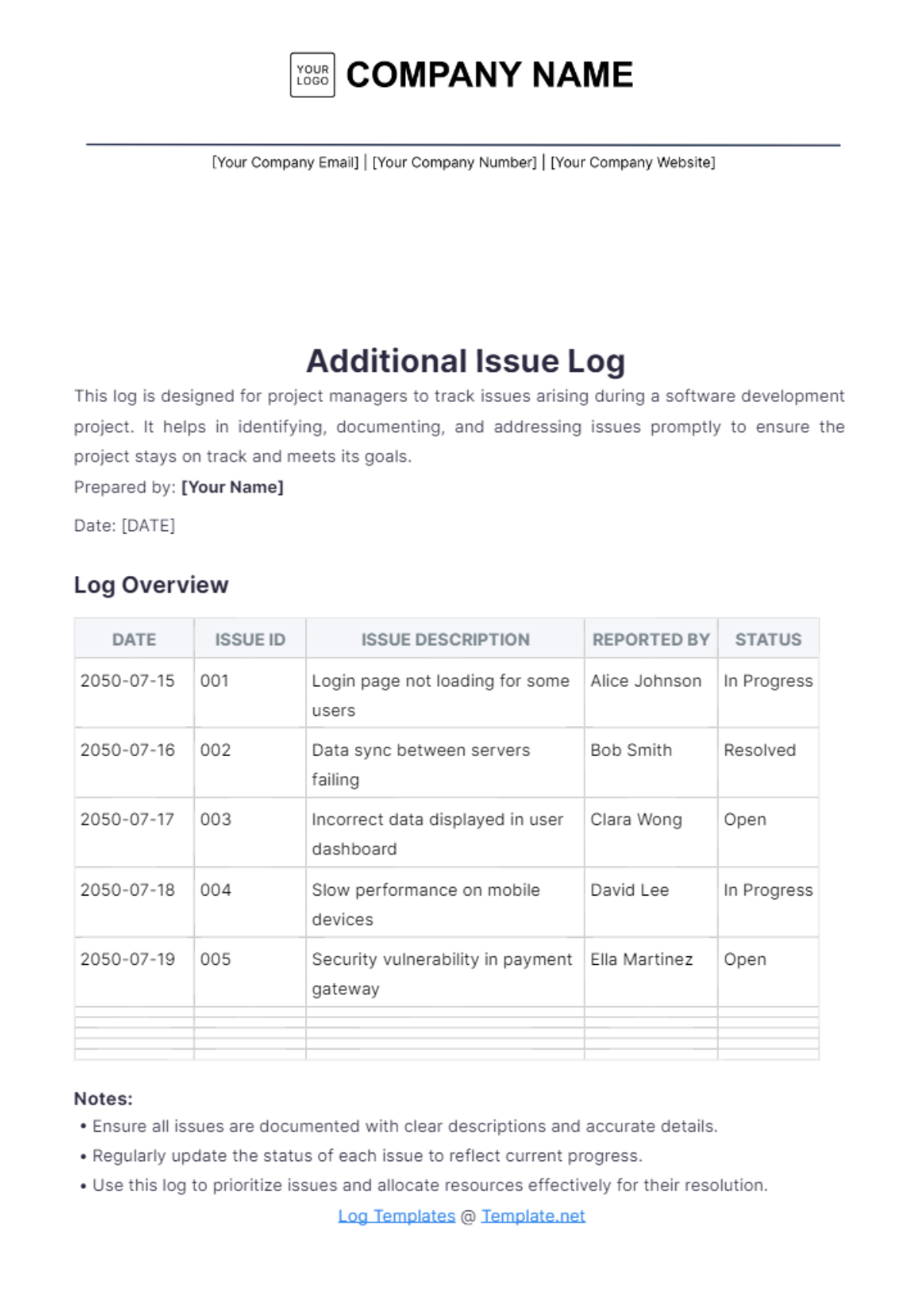 Additional Issue Log Template - Edit Online & Download