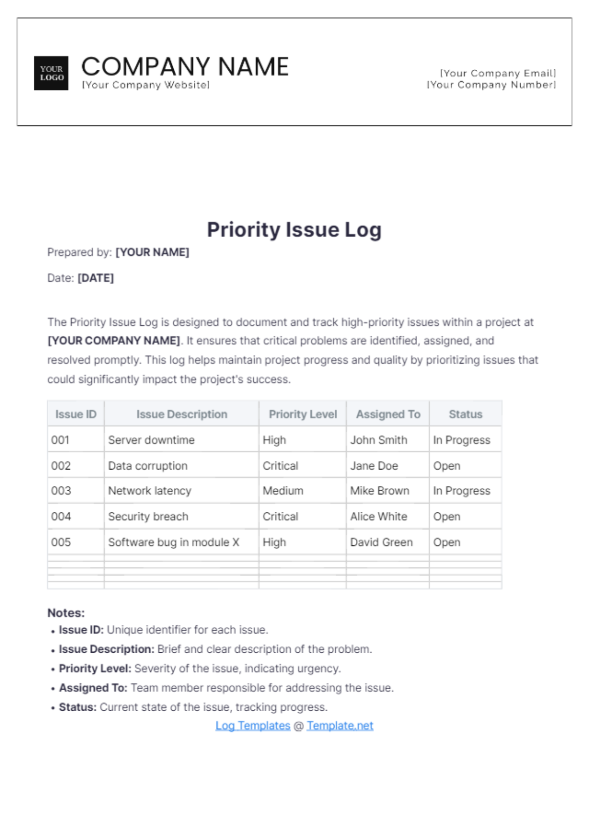 Priority Issue Log Template - Edit Online & Download