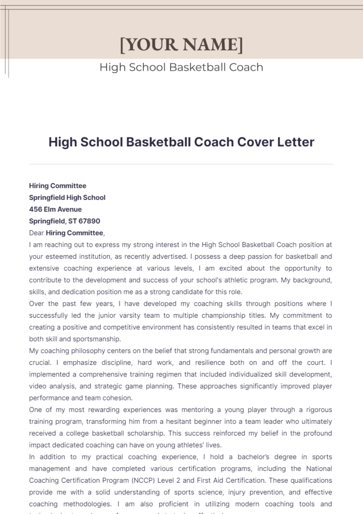 High School Basketball Coach Cover Letter - Edit Online & Download